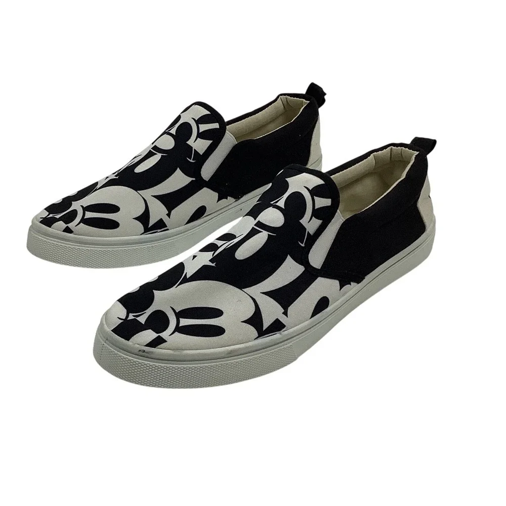 Disney Mickey Mouse Slip On Sneakers Black White Graphic Canvas Shoes Mens 8.5